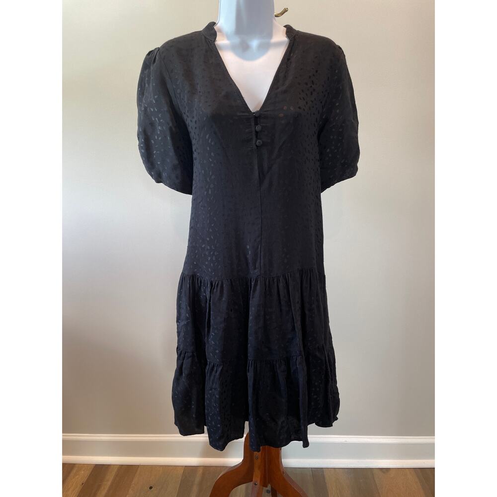 Anthropologie Size S Black Blouson Dress Satin Textural Print, Puff Sleeves